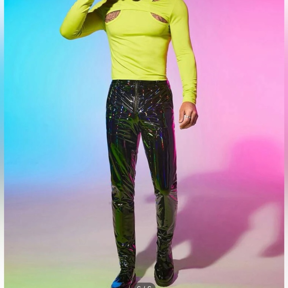 Men’s holographic zipper fly PU leather pants